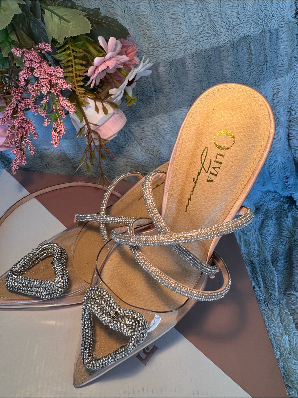 Olivia Crystal Heart Pointed Pink Mules